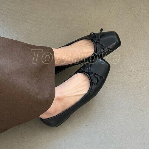Women's Square Toe Ballet Flats Bowknot Slip-On Casual PU Leather Shoes Comfort - Picture 13 of 35