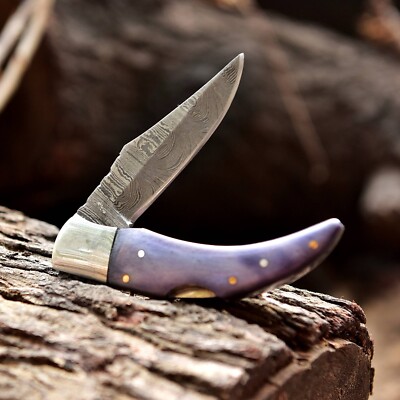 Handmade Damascus Steel Foldable Blade Pocket Knife Original Camel Bone Handle