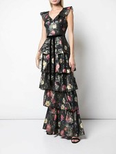 MARCHESA Notte Black Metallic Floral Jacquard Tiered Ruffle Cutout Back Gown 8 M