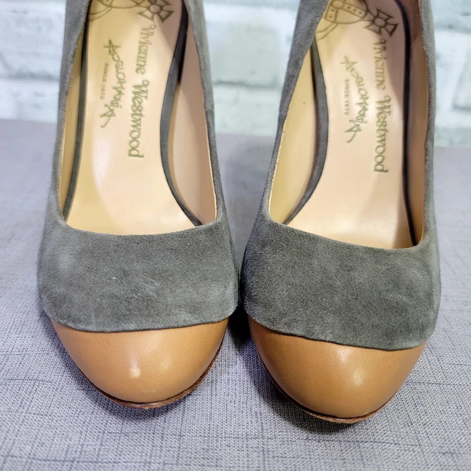 Vintage 90s Vivienne Westwood Anglomania 37 Grey Suede Tan Colorblock Pumps Heel - Image 4 of 4