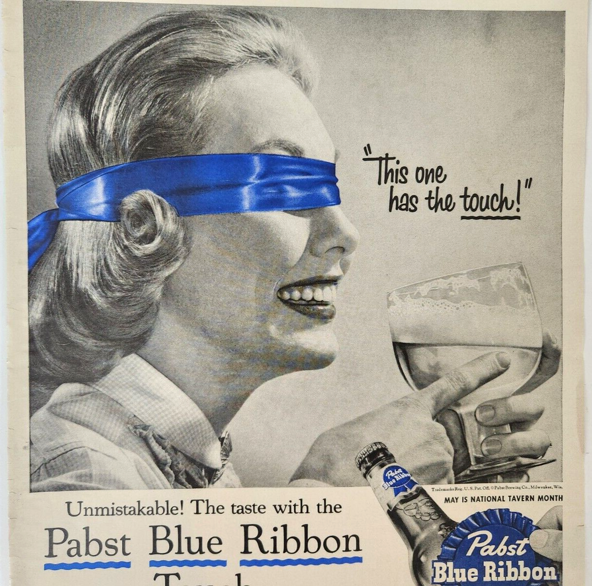 Blindfold Woman Pabst Blue Ribbon Beer Vintage 1956 Ad Magazine