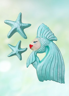 Retro Style Lady Fish + Starfish Chalkware SET - MCM Beach House Decor