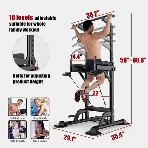 Power Tower Dip Station with Backrest, Pull Up Bar Adjustable Height for Home - Picture 6 of 9