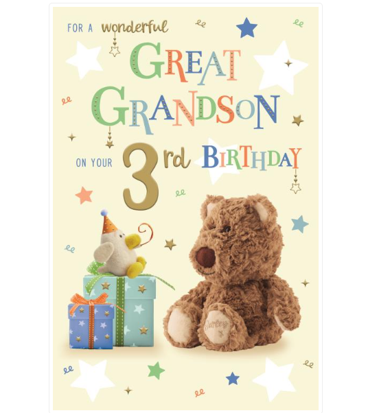 Birthday Card 3rd 3 GREAT GRANDSON. *Foil embossed 9"" Card, Paper pages inside*