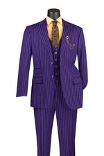Vinci Men's Regular Fit Gangster Stripe 2-Button 3-Piece Suit Purple