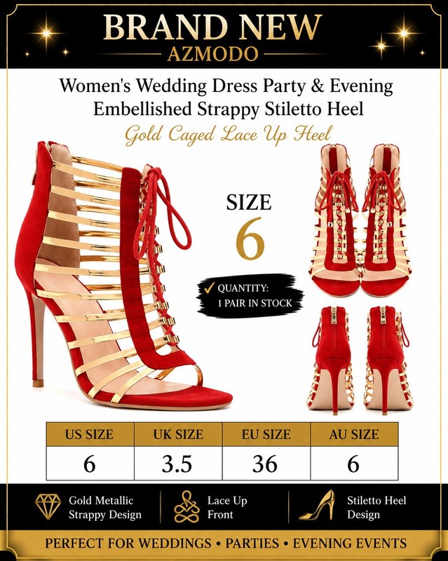NEW Hinyyrin Women's Red Gold Gladiator Lace Up Stiletto Heels Open Toe Sandals