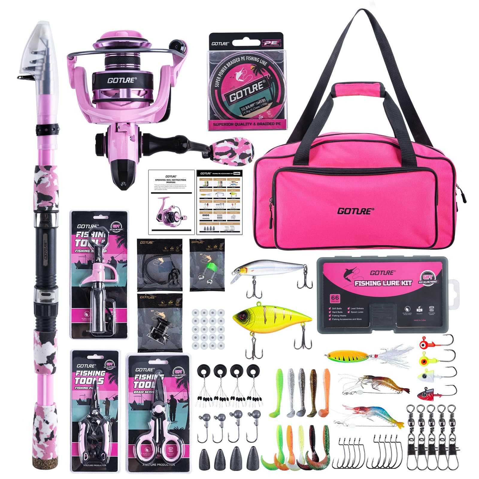 Pink Fishing Rod and Reel Combo - ML Action 6FT Spinning Ree
