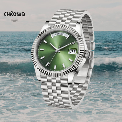 Automatic Day-Date Watch Green Sunburst Dial Fluted Bezel 40mm Steel NH36 Mech