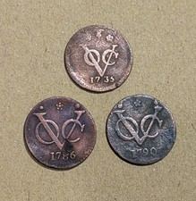 Lots 3 Pcs Dutch Netherlands VOC 1 Duit West Frisia 1735 , 1786 & 1790 Coin_W91