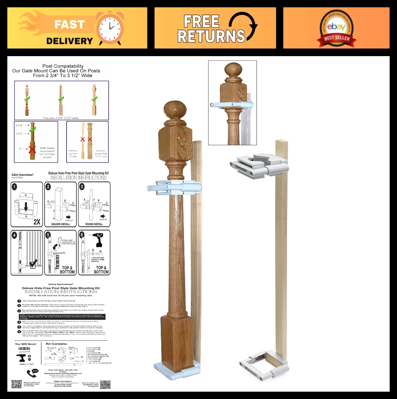 No Hole Baby Gate Mounting Kit for Stairways - Fits 2.75" to 3.5" Posts, Easy In