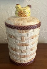 Casafina Portugal Basketweave Cookie Jar Canister with Nesting Hen 9 Inches Tall