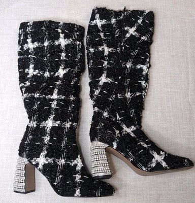 Betsy Johnson Declaan Black/White Tweed Style Knee High Boot Size 10