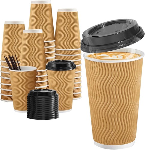 80 Pack 16 OZ Disposable Coffee Cups with Lids and Straws, 16 OZ, Champagne