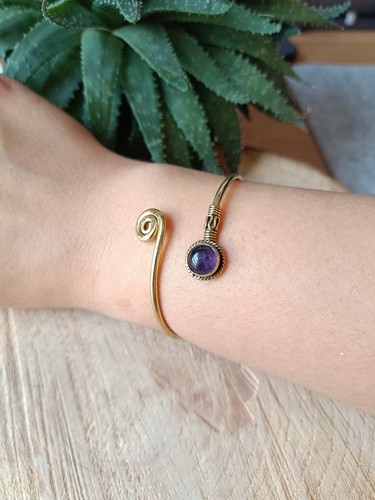 Boho Amethyst Bracelet, Gold Brass Adjustable Bangle, Summer Bracelet - Picture 4 of 6