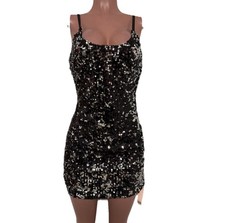 Y2K Lydia Black Sequin Padded Lined Cut Out Banded Back Mini Dress L Going Out
