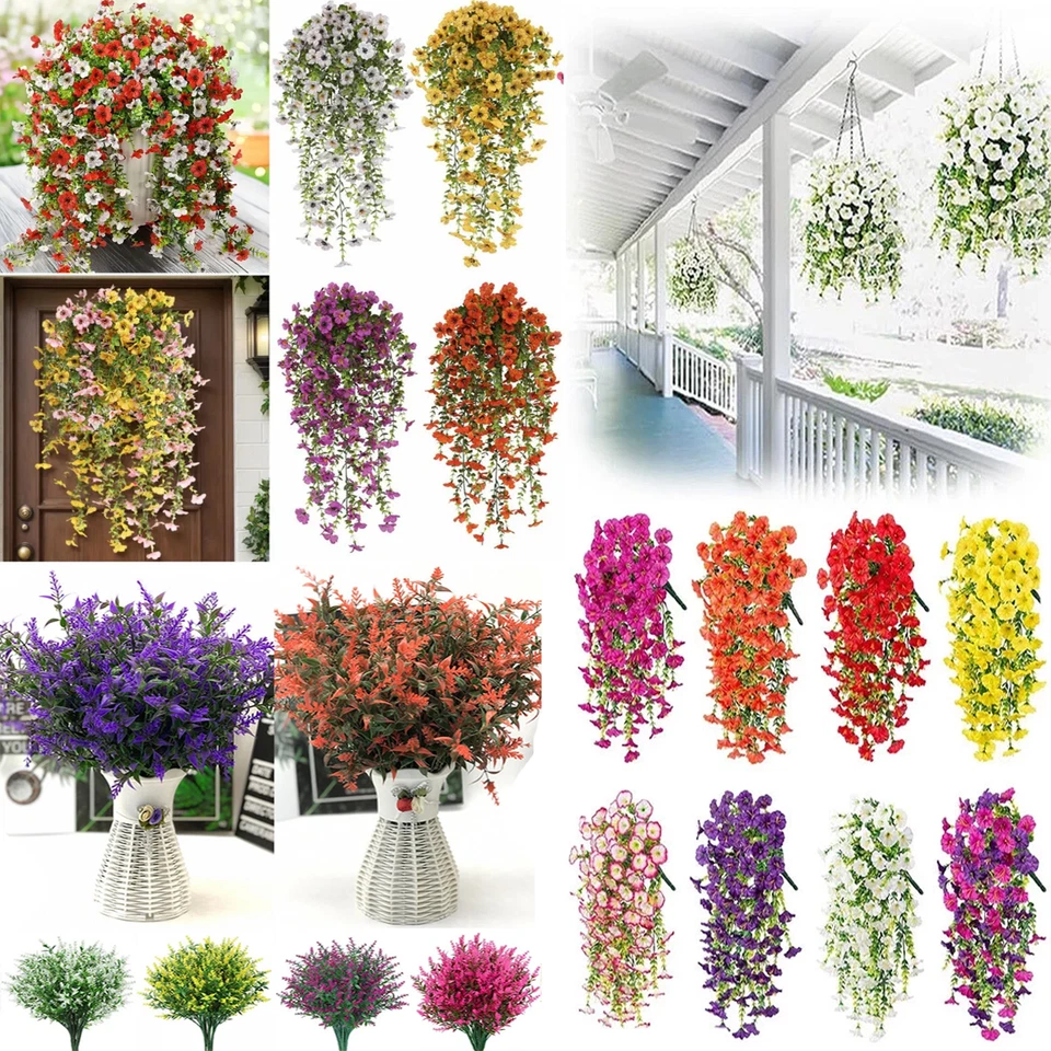 Flores artificiales de plástico plantas falsas resistentes a los rayos UV hogar jardín decoración interior/exterior Foto 2 de 4