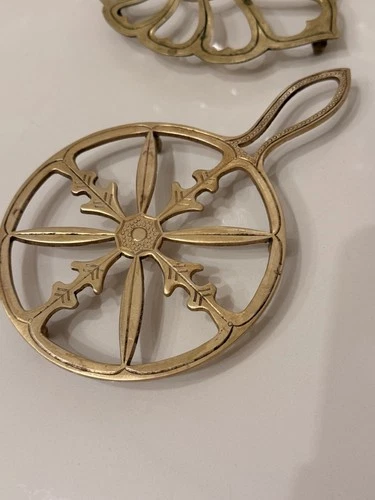 Vintage Brass Trivet Lot of 3 Heart Dragon Floral Round Footed Kitchen Decor image 2