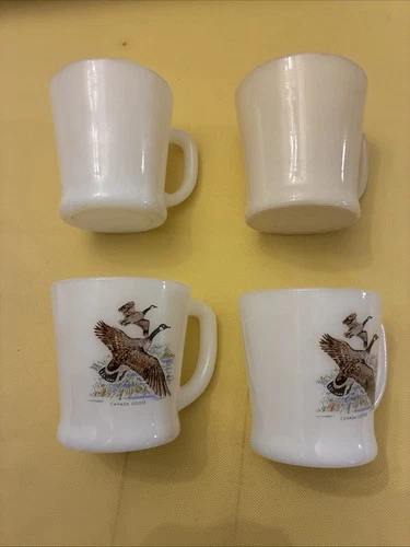 Vtg Lot Of 4 D handle fire king coffee cups One Ivory, One Milk Glass, Two Bird