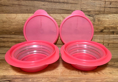 SET OF 2 TUPPERWARE FLAT OUT COLLAPSIBLE BOWLS & LIDS 3 CUP CAPACITY #5452A PINK