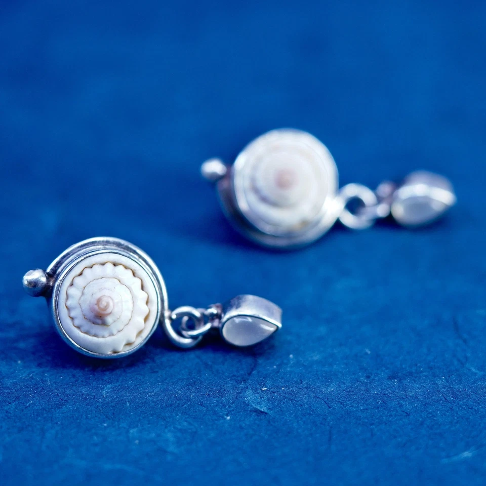Sajen Sterling Silver 925 Shiva eye earrings, fossil shell teardrop moonstone - Image 3 of 4