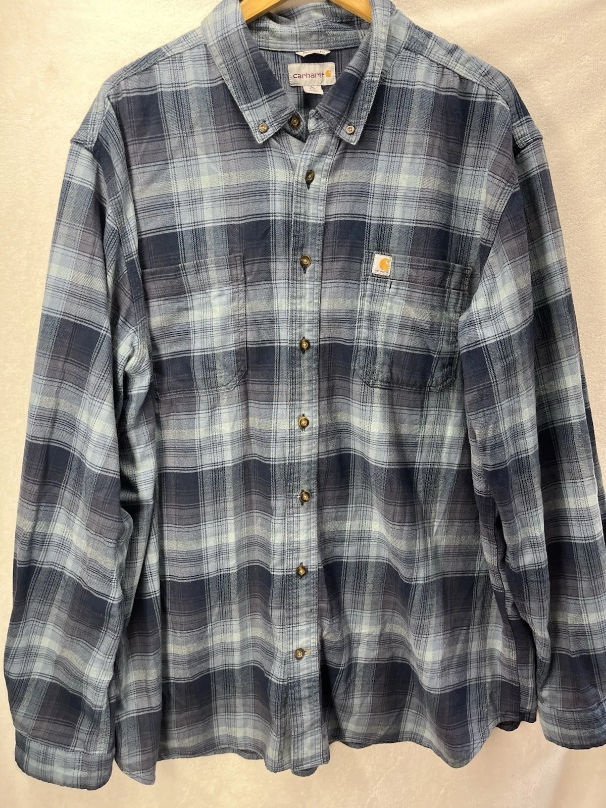 Carhartt Flannel Shirt Relaxed Fit Gray Plaid Button Up Workwear 2XL Outdoor