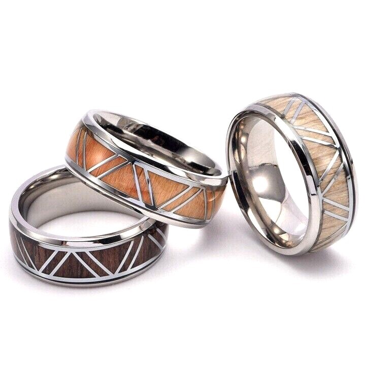 Wood Inlay Fashion Wedding Spinner Ring Stainless Steel Men's Biker Pinky  Ring