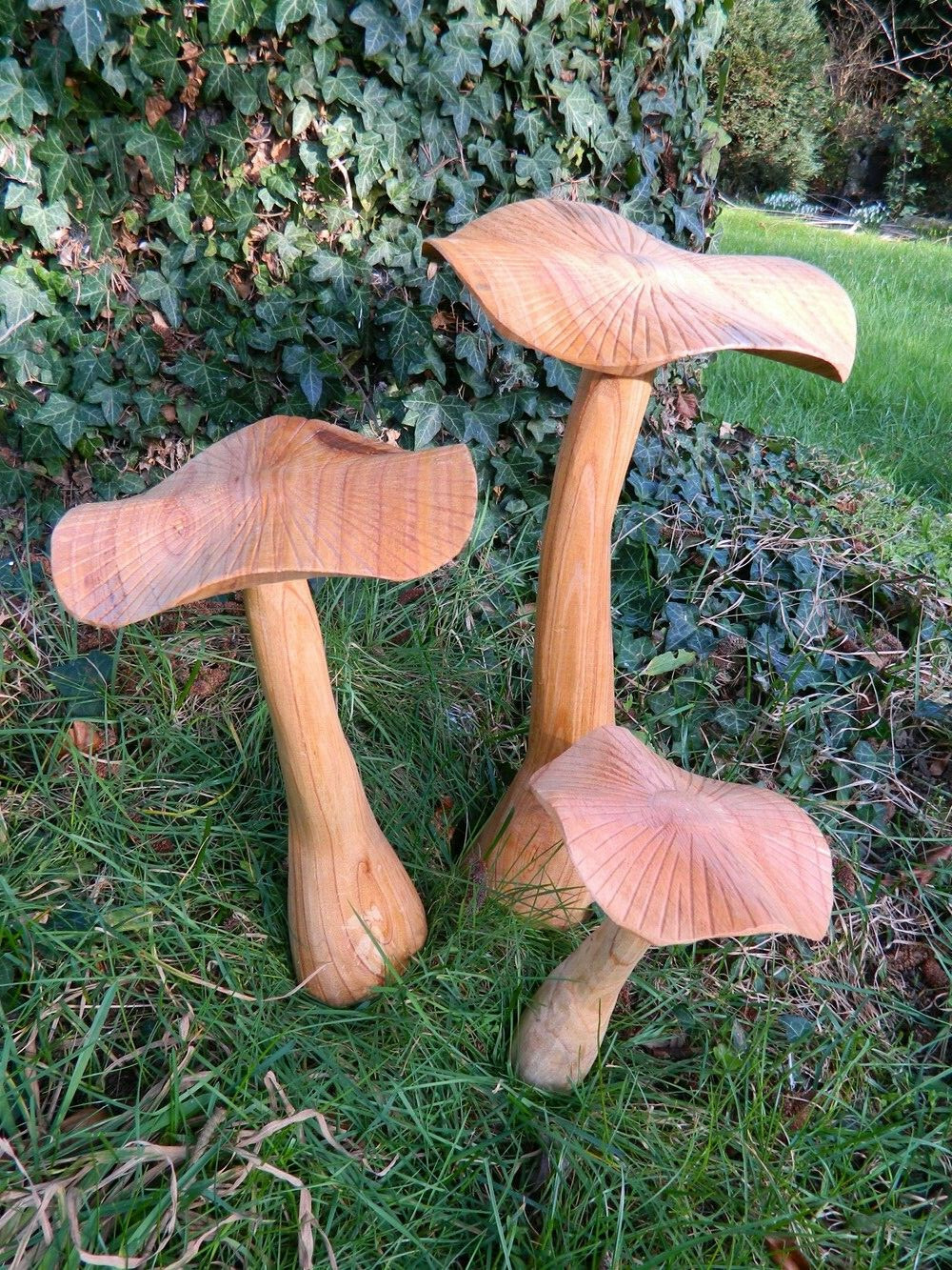 Wooden Mushroom Toadstool Carving - Set of 3 Flat Mushrooms 40/28/20cm approx