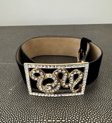 Vintage Roberto Cavalli Black Leather Belt Suede Crystal Snake