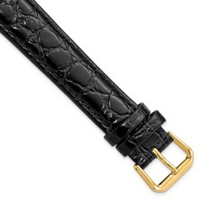 18mm 8.5" Long Black Alligator-Style Grain Leather Gold-tone Buckle Watch Band