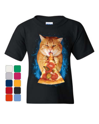 Cat Eating Pizza Youth T-Shirt Funny Weird Kitten Pet Kitty Peperoni Kids  Tee