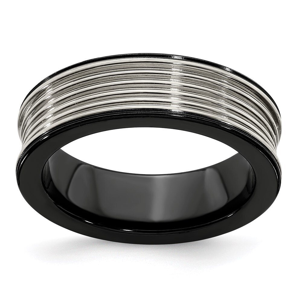 Black Titanium & Titanium Polished Grooved Concave Ring Size 9
