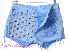 Vtg LEVIS 501 High Waist Pastel Blue Dyed STUDDED Destroyed Cut Off Shorts XL