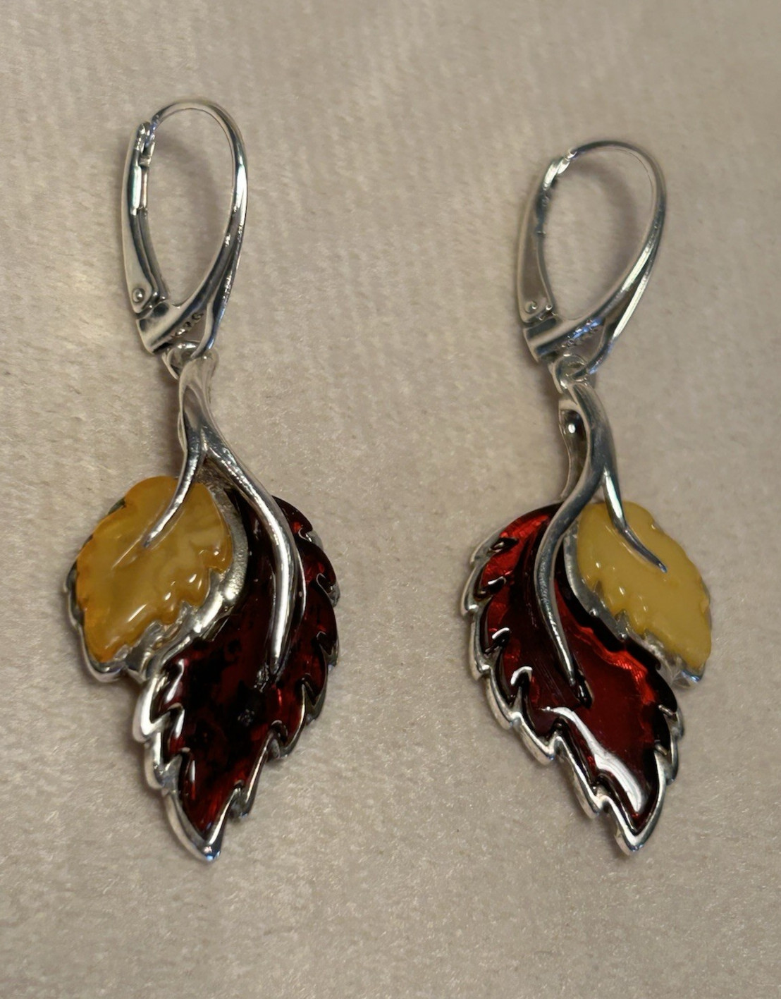 Amber Leaf Sterling Silver Dangle Drop Leverback … - image 1