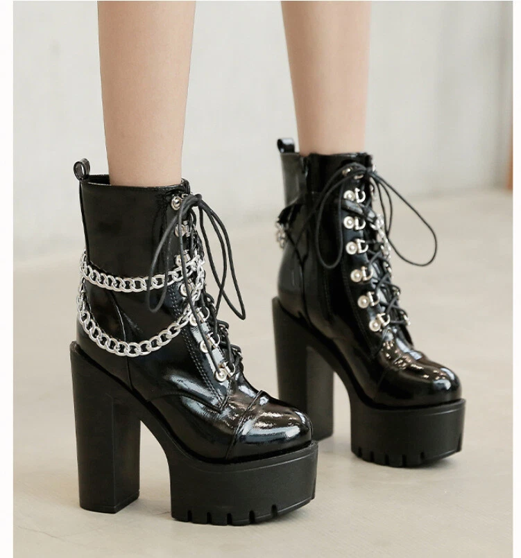 Women's Black Gothic High Heel Ankle Boots, Sexy Chain Punk Style