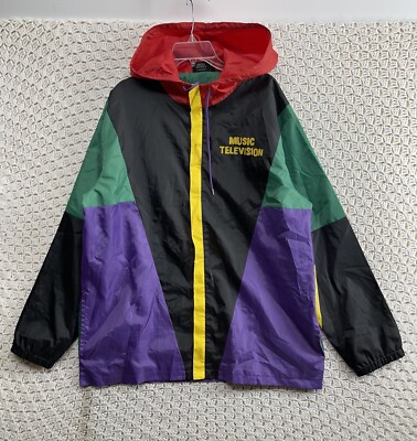 MTV Windbreaker Logo Jacket Zip Retro 90s Music TV Color Block Hoodie Size  2XL