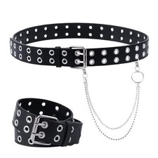Double Grommet Leather Belt Detachable Chain Punk Rock Jeans 2-Hole Belt