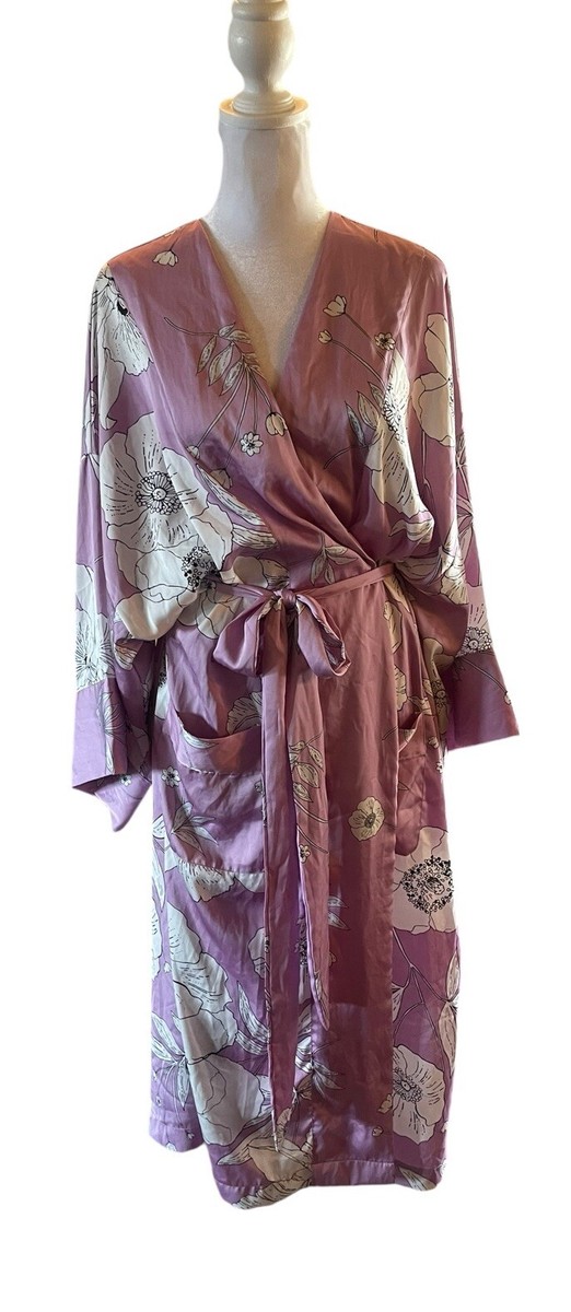 Victoria's Secret Kimono Robe M/L Silky Satin Lavender White Floral Belt  Midi