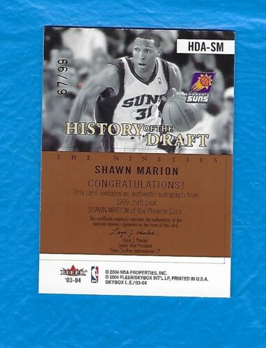 SHAWN MARION 2003-04 SKYBOX LE HISTORY OF THE DRAFT AUTOGRAFO #67/99 SUNS! - Foto 2 di 2