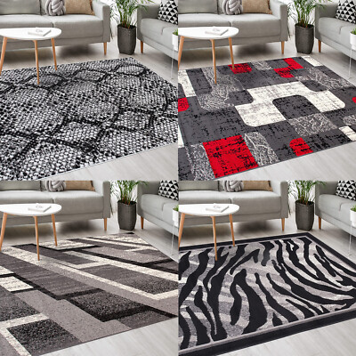 Modern Robust Teppich Kurzflor Wohnzimmerteppich Teppiche Grau Schwarz Rot