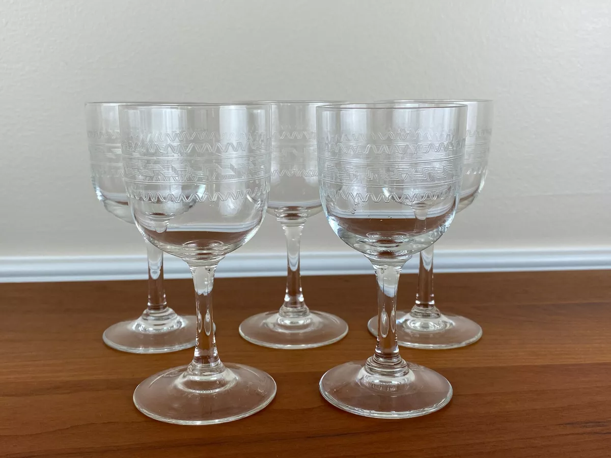 Antique Needle Etched GREEK KEY Clear 4 oz Small Wine Glass ~ Set of 5