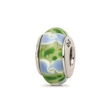 Reflection Beads Sterling Silver Hand-Blown Green  Blue Pattern Glass Bead