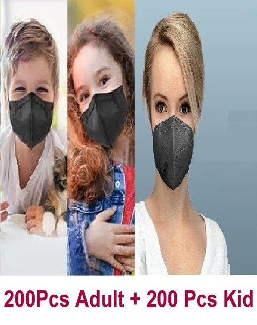 200 Black KN95 Adult Face Mask + 200 KIds KN95 Face Mask 5 Layers CE Approval