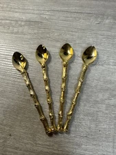 Gold Tone Mini Spoons - Bamboo Pattern Handle Set 4 Demetasse