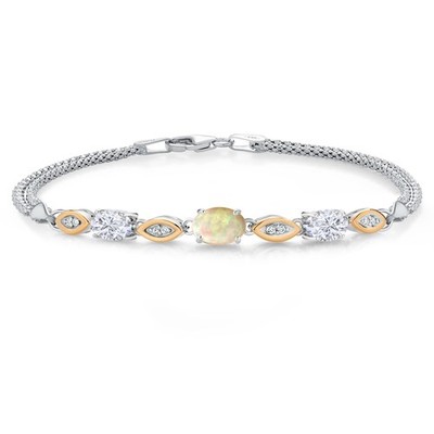 925 Silver and 10K Yellow Gold White Ethiopian Opal and White Moissanite and