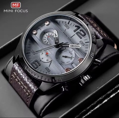 MINI FOCUS Men Watch Multifunction Business Watches Genuine Leather Wristwatch