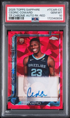 CEDRIC COWARD 2025 TOPPS CHROME SAPPHIRE RED AUTO ROOKIE RC /5 PSA 10 - POP 1