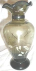VINTAGE FENTON SMOKE GLASS PAINTED FLOWERS SMALL VASE CONVOLUTED EDGE
