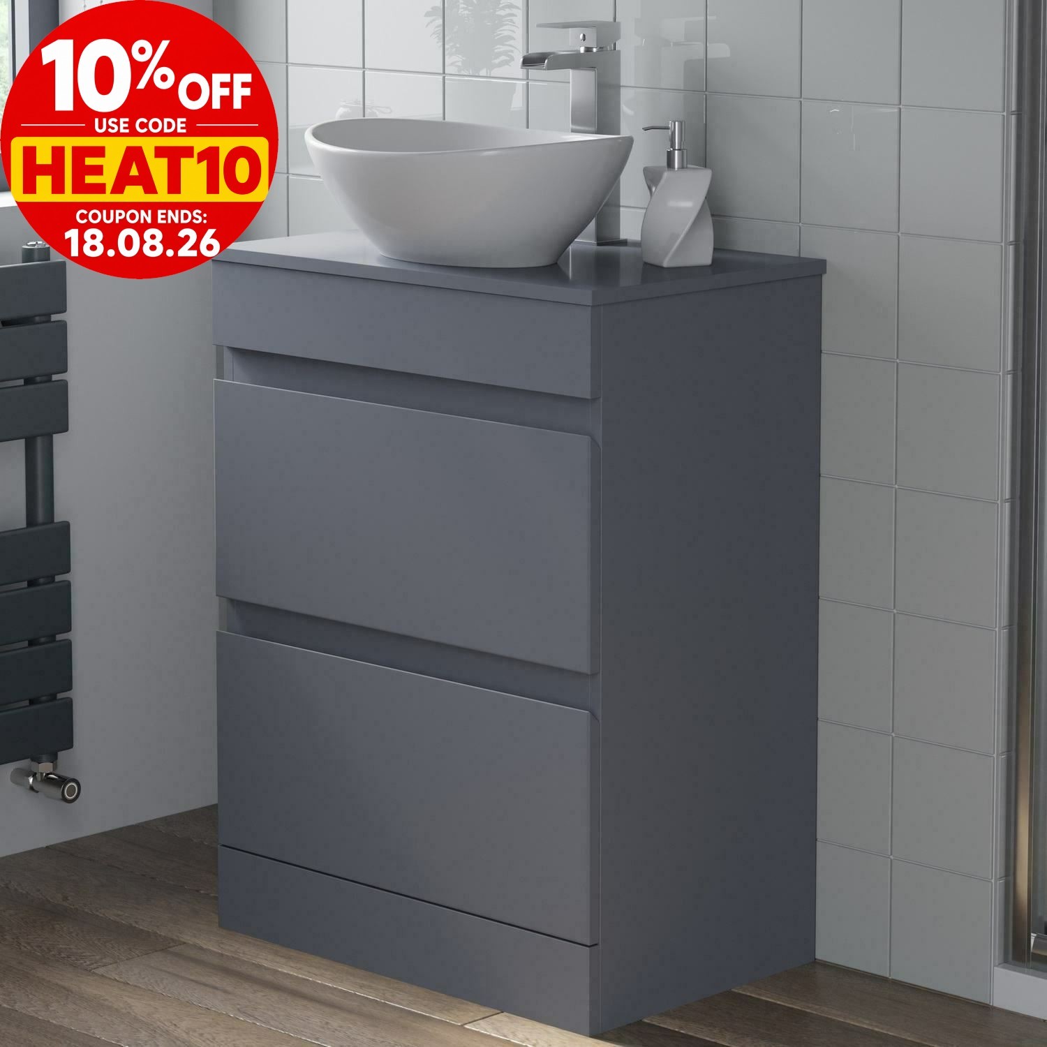 600mm Bathroom Vanity Unit Countertop Wash Basin Sink Oval Floor Standing Grey