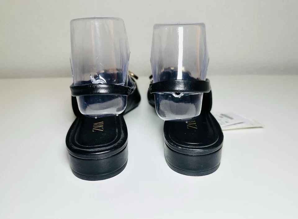 ZARA Cuero Negro Cordones Punta Punta Mules Hebilla Mujer Tacones EE. UU. 8 UE 39 NUEVO Foto 3 de 4