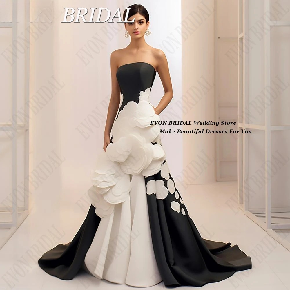 Celebrity Dresses Black White Flowers Vestidos Para Mermaid Evening Party Dress